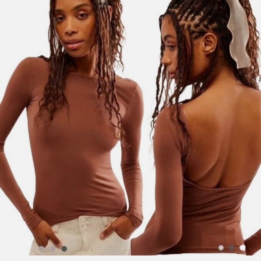 Free People Brown Long Sleeve Backless Bodysuit
